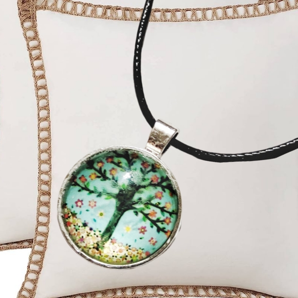 🌲10/$20. Tree Half Dome Glass Pendant with Black Cord Necklace - Picture 2 of 3